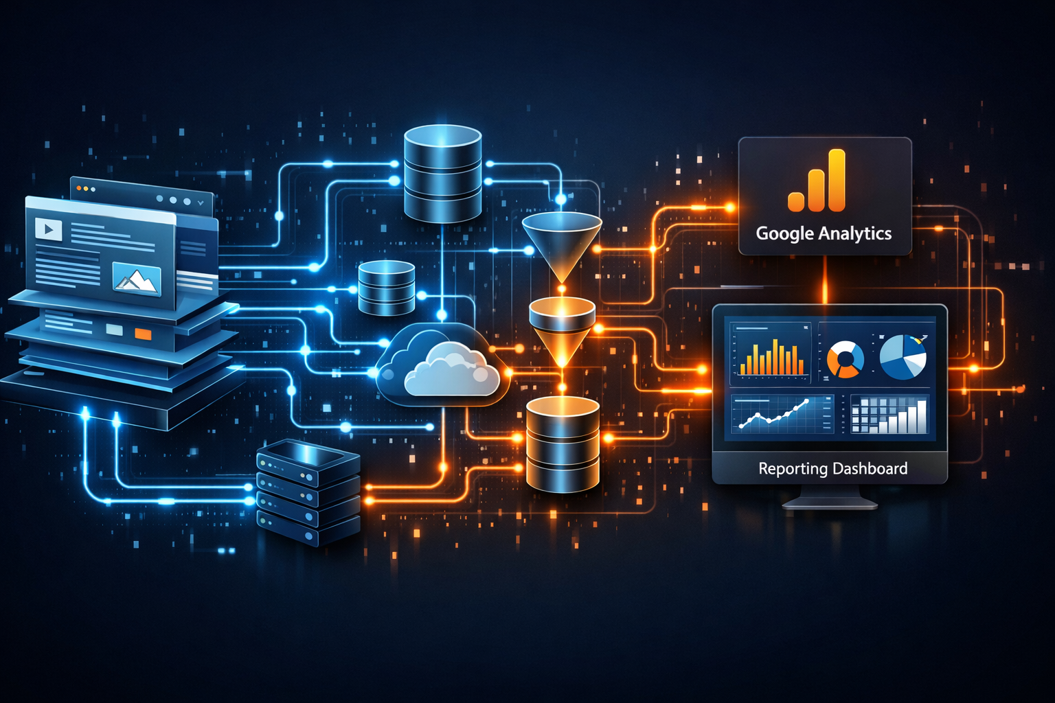 Google Analytics reporting dashboard showing data flow and conversion tracking results