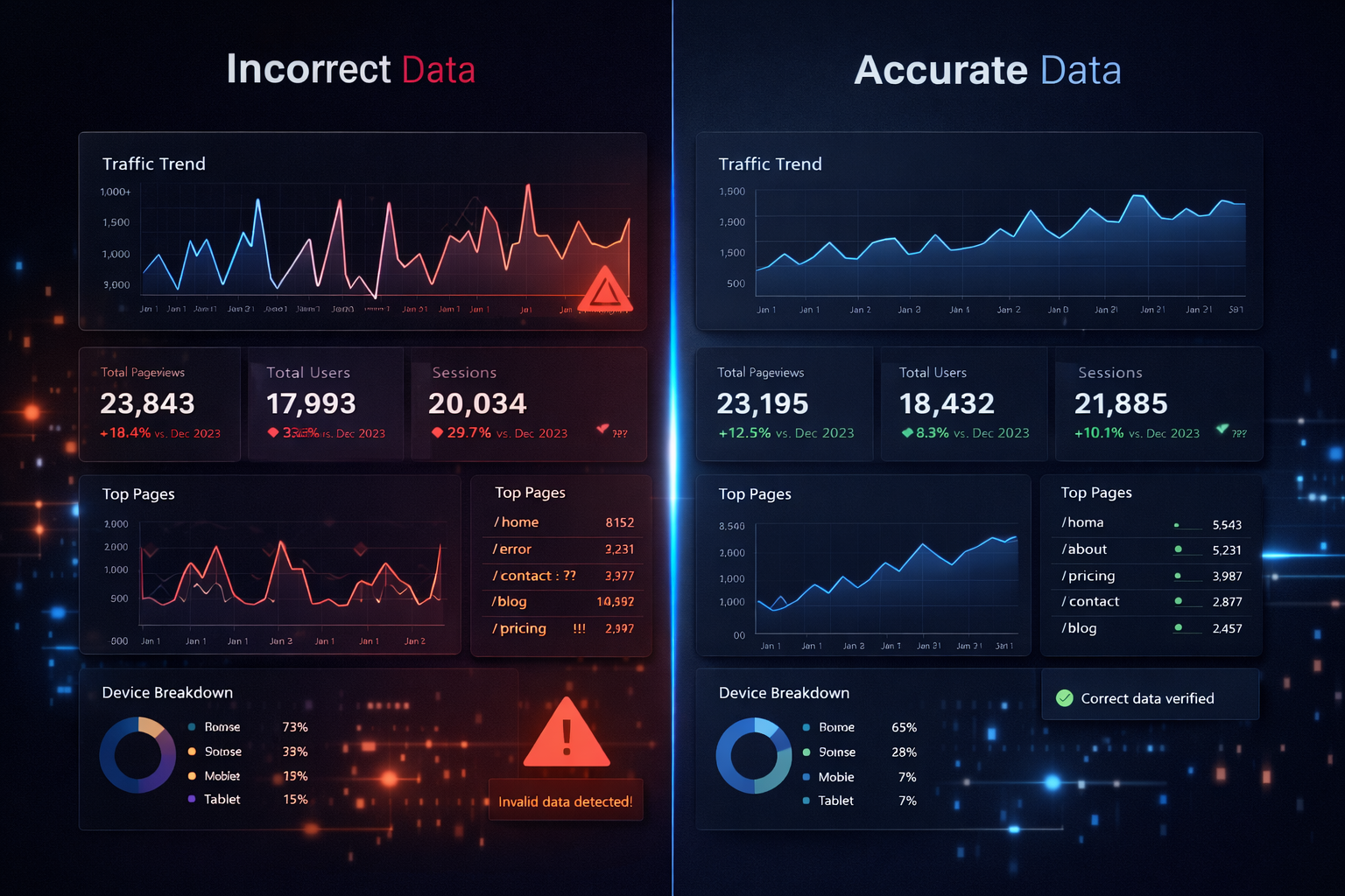 Incorrect vs accurate analytics data comparison showing before and after tracking fix