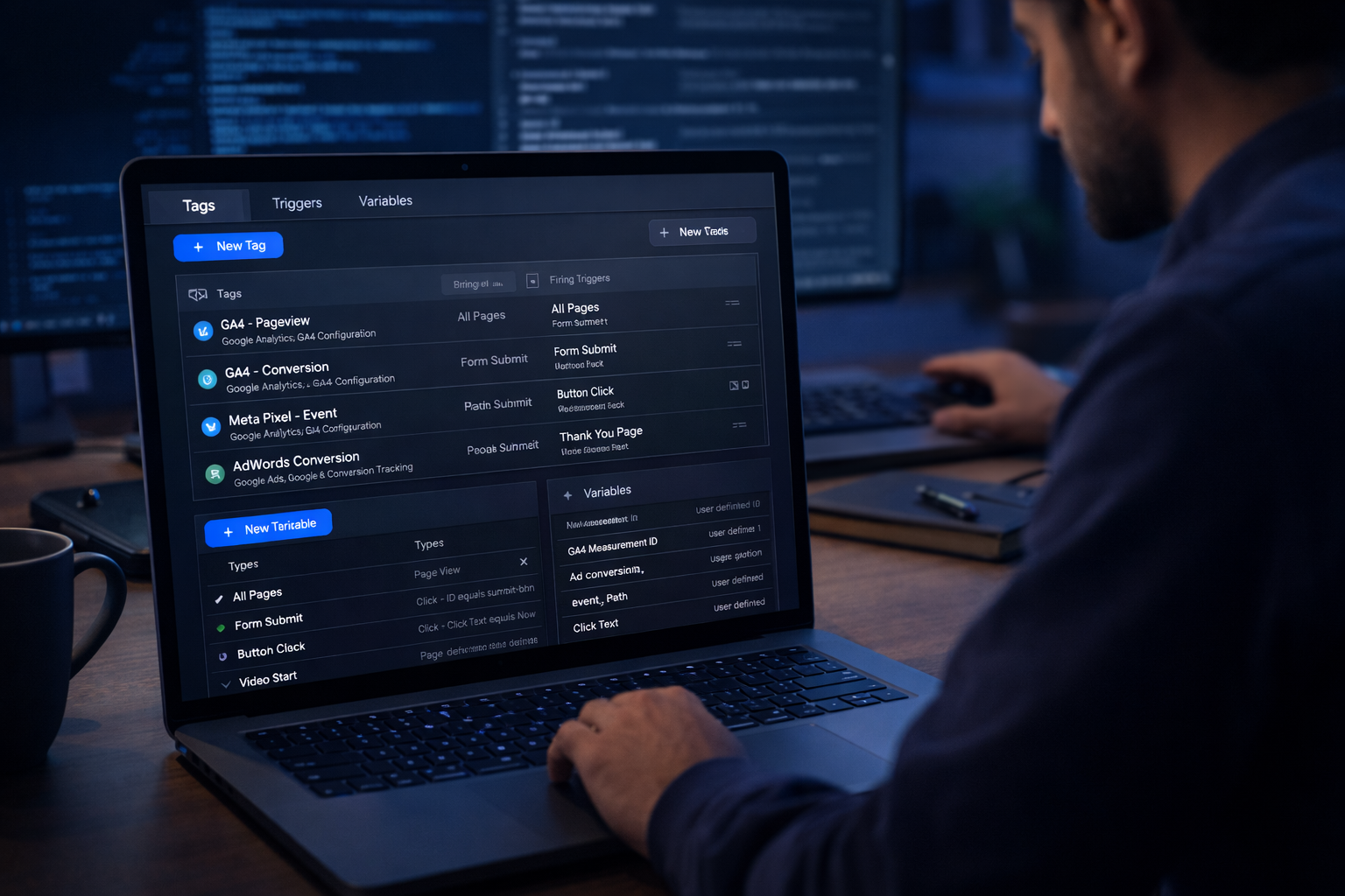 Google Tag Manager container with GA4, Meta Pixel, and AdWords tags showing typical tracking setup that gets audited and fixed