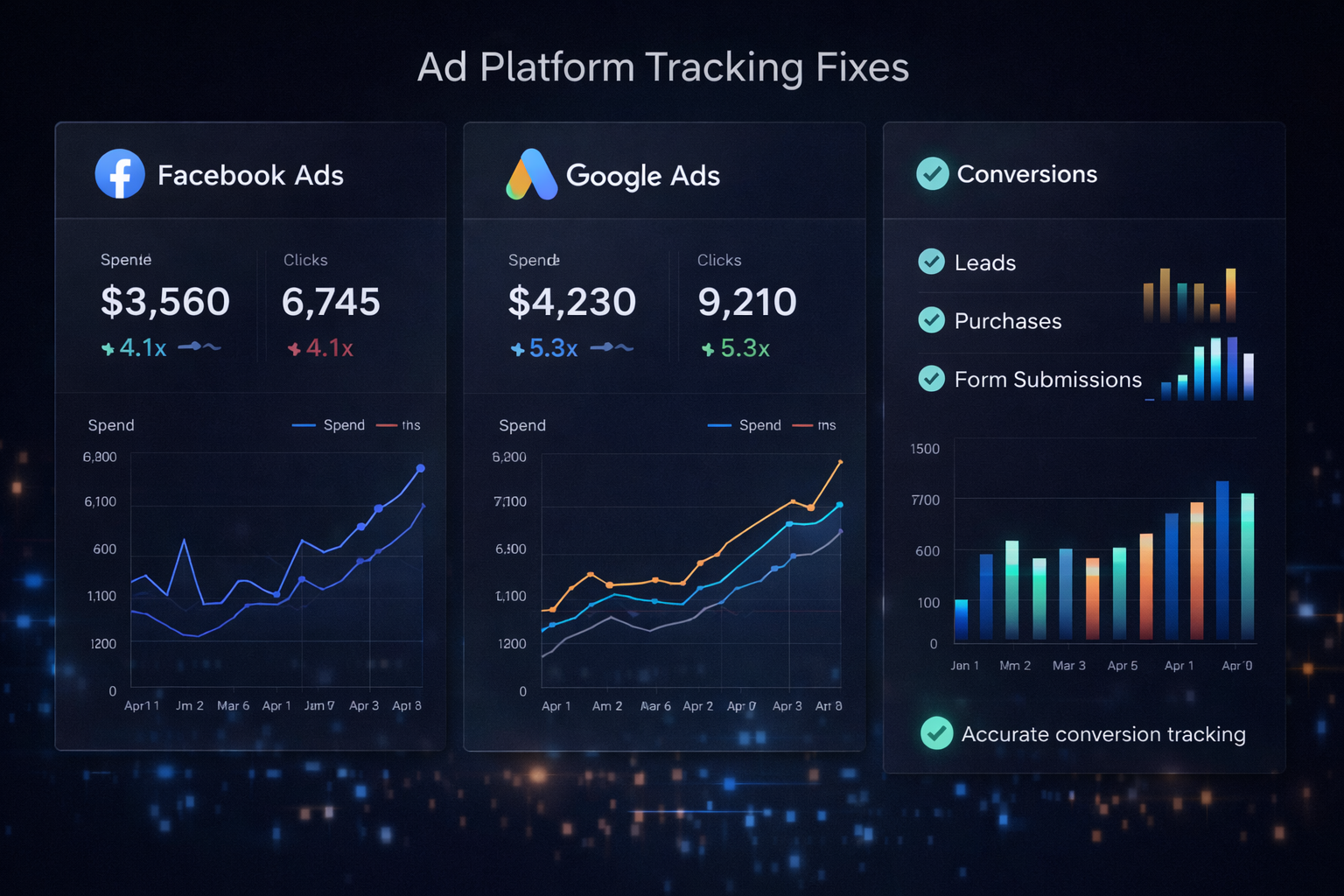 Ad platform tracking fixes dashboard showing Facebook Ads and Google Ads data