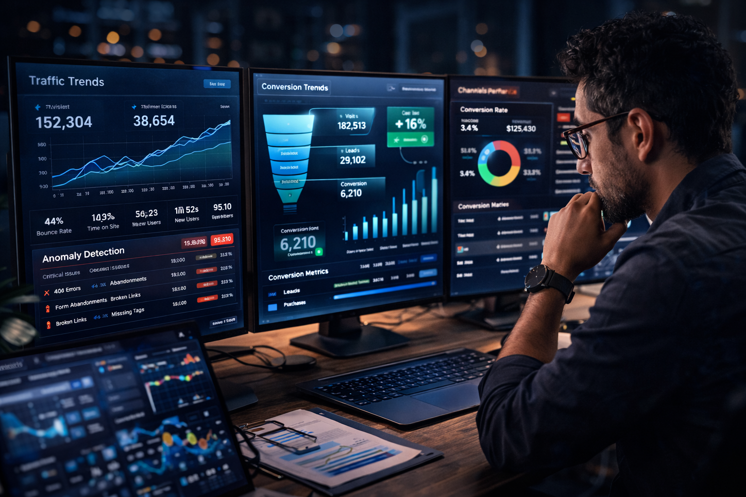 Web analytics specialist analyzing traffic trends, conversion metrics and anomaly detection across multiple dashboards